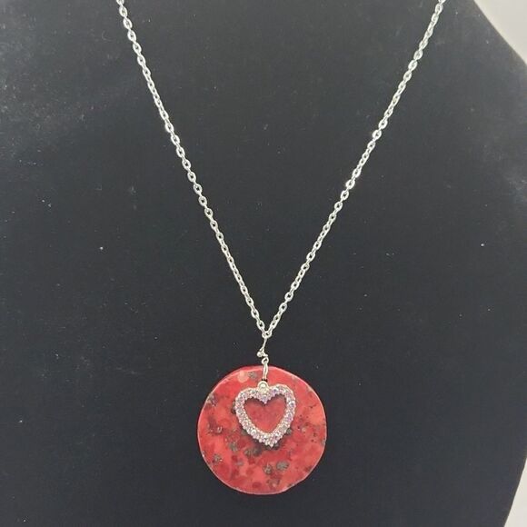 Repurposed Handcrafted Silver link chain with red stone and pink rhineston heart - Picture 1 of 9